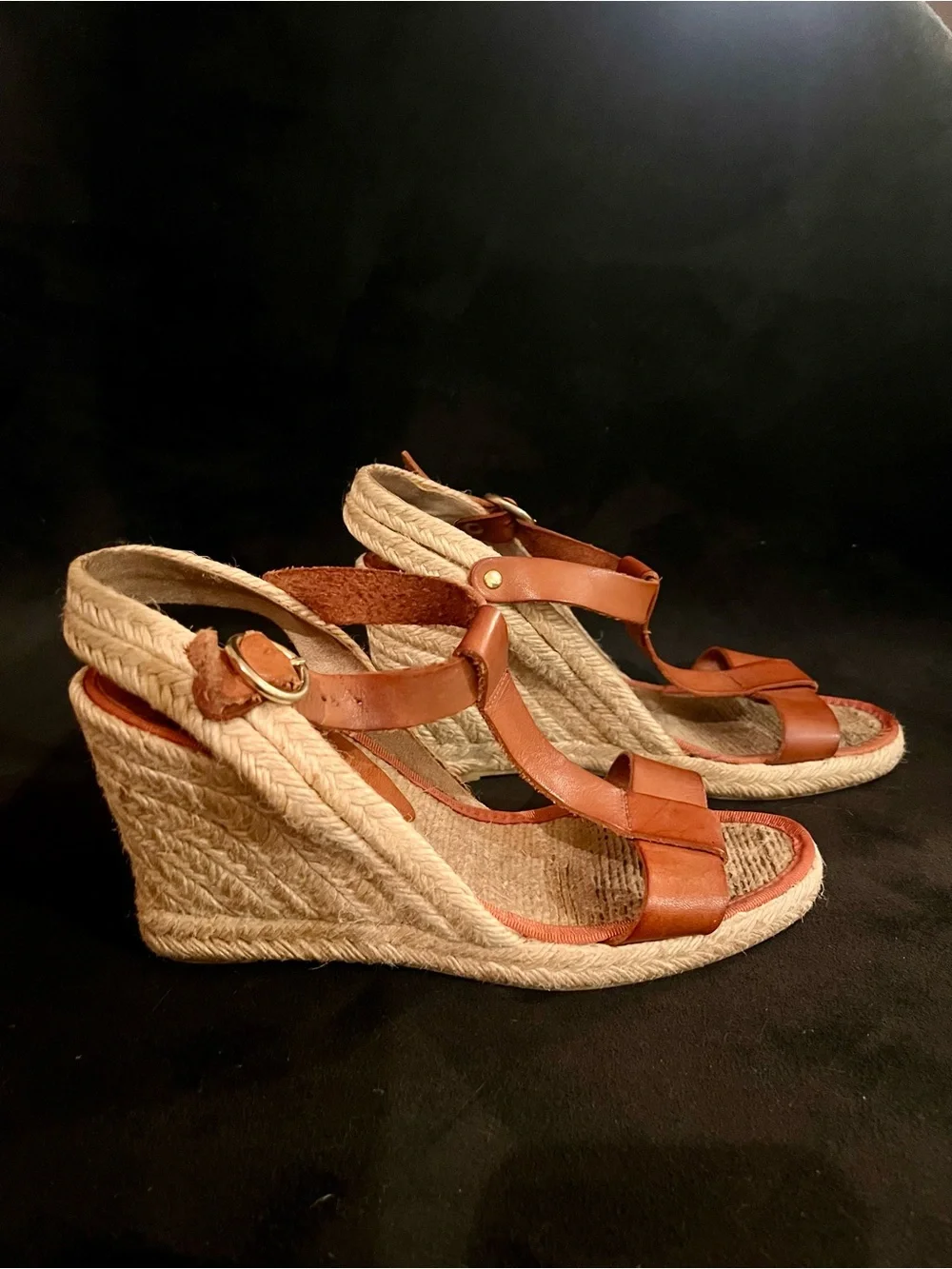 Saks Fifth Avenue Brown Leather Espadrille Wedge Sandals